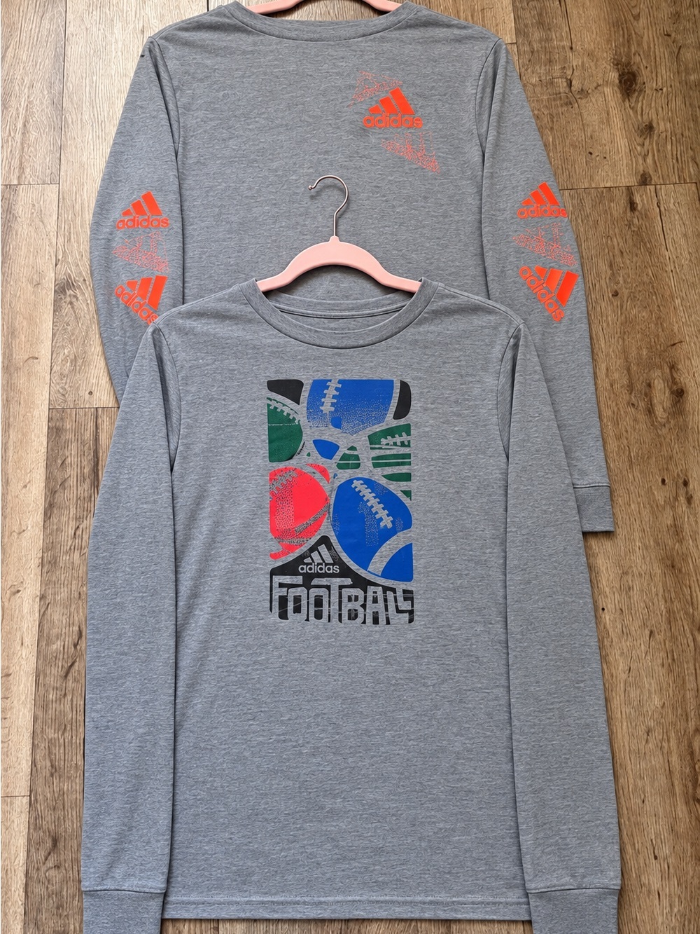 Adidas Boys' XL Gray Long Sleeve Graphic Tee - Gray with Orange Logos
0015
